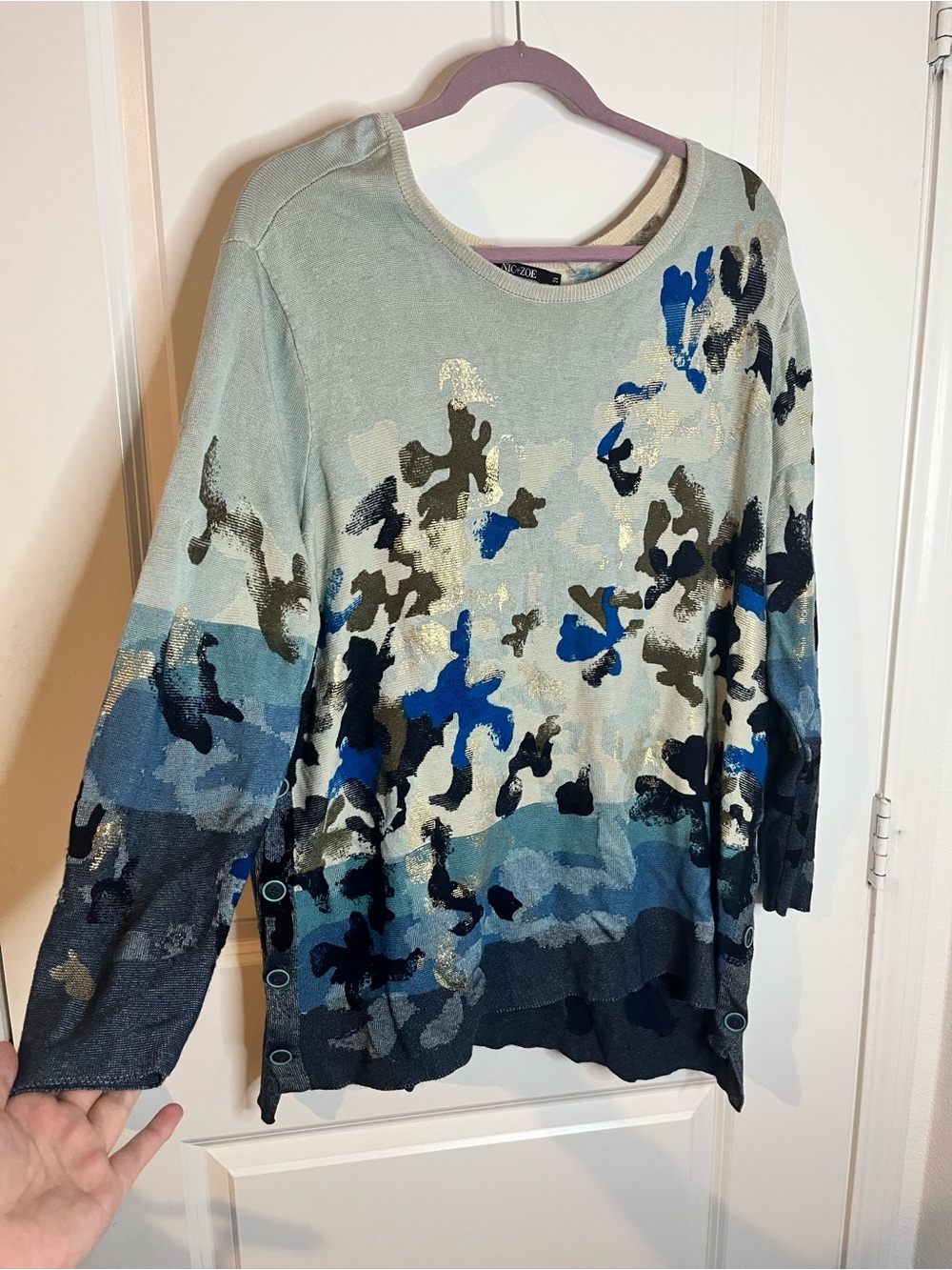 NIC + ZOE Lightweight Abstract Pullover Sweater Knit Watercolor Camo Metallic 2X